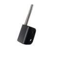 Black metal hinge weld with cylindrical silver rod and two mounting holes.
