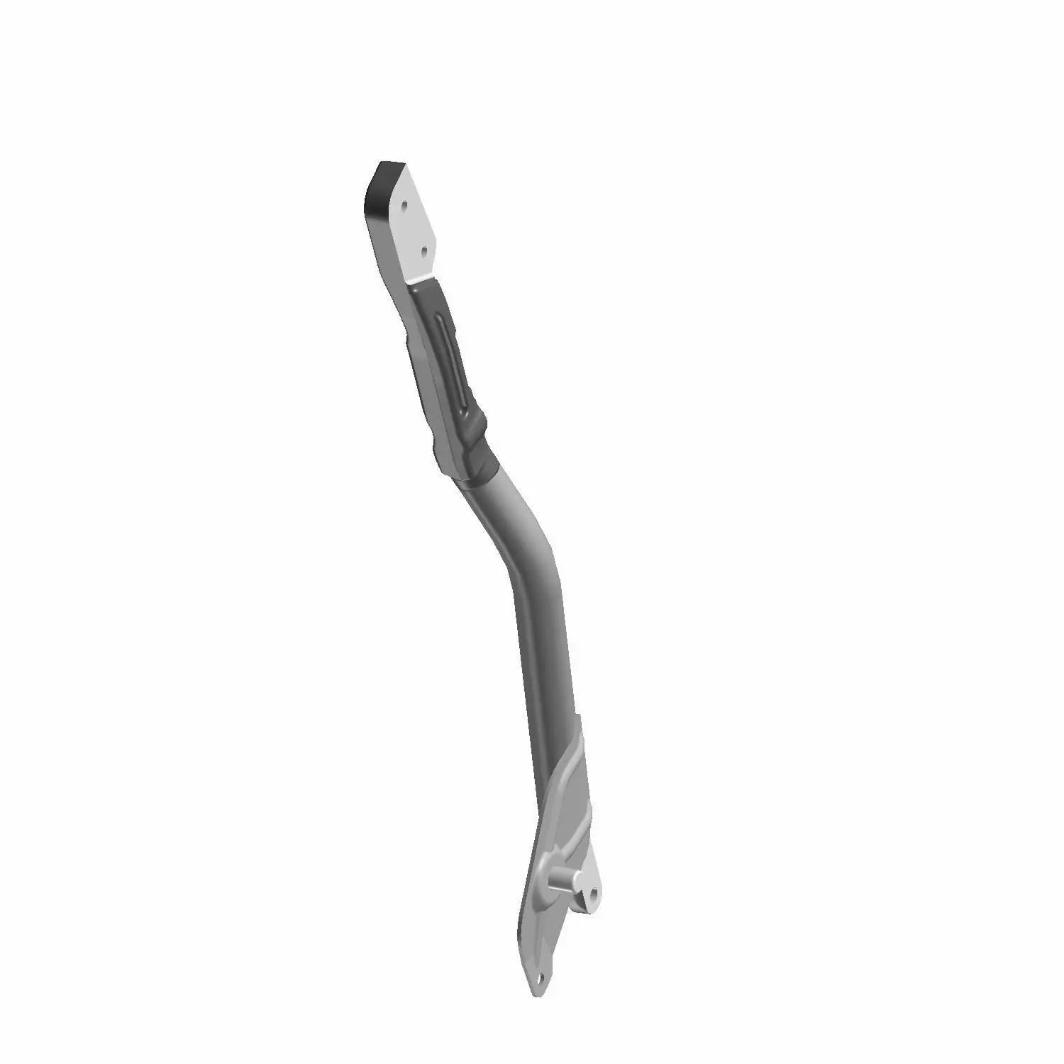 Black metal motorcycle frame backbone with mounting points and angled design.