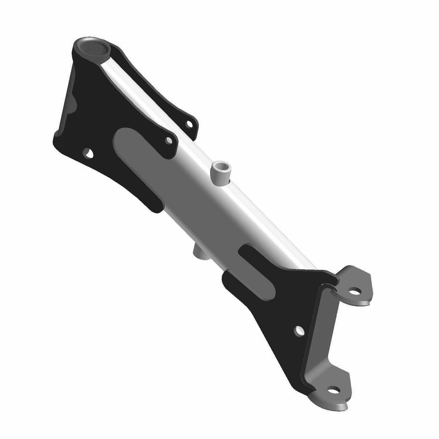 Black and silver metal Rear A-Arm, upper left, with mounting holes and reinforced brackets for Polaris offroad vehicle.