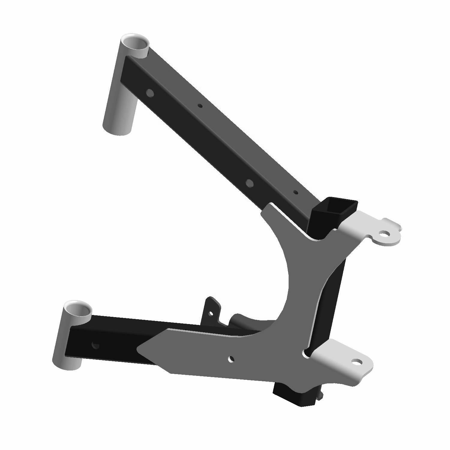 Black and silver metal rear lower left A-arm suspension component with tubular and flat sections.