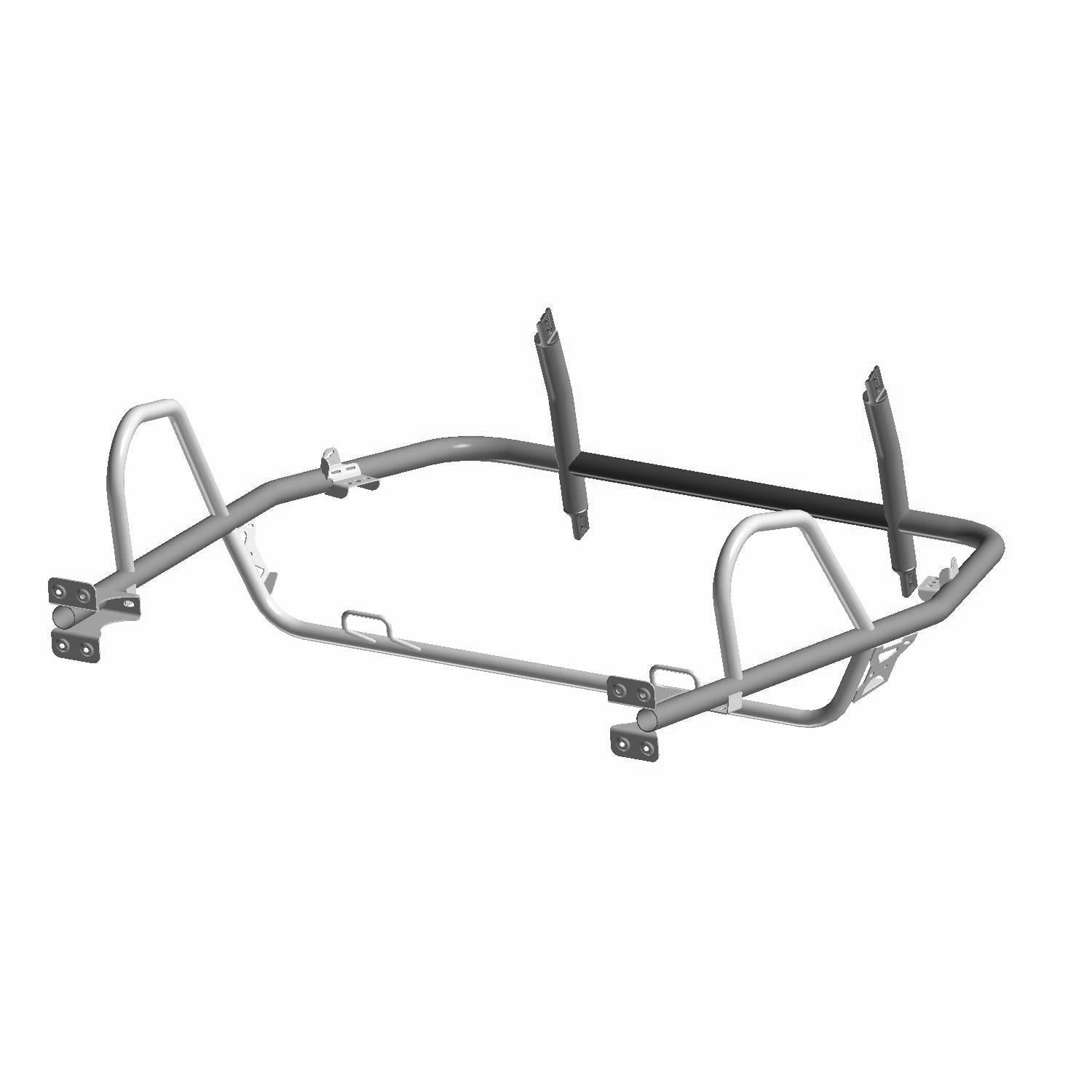 Matte black and silver metal frame cab guard with tubular design for Polaris offroad vehicle.