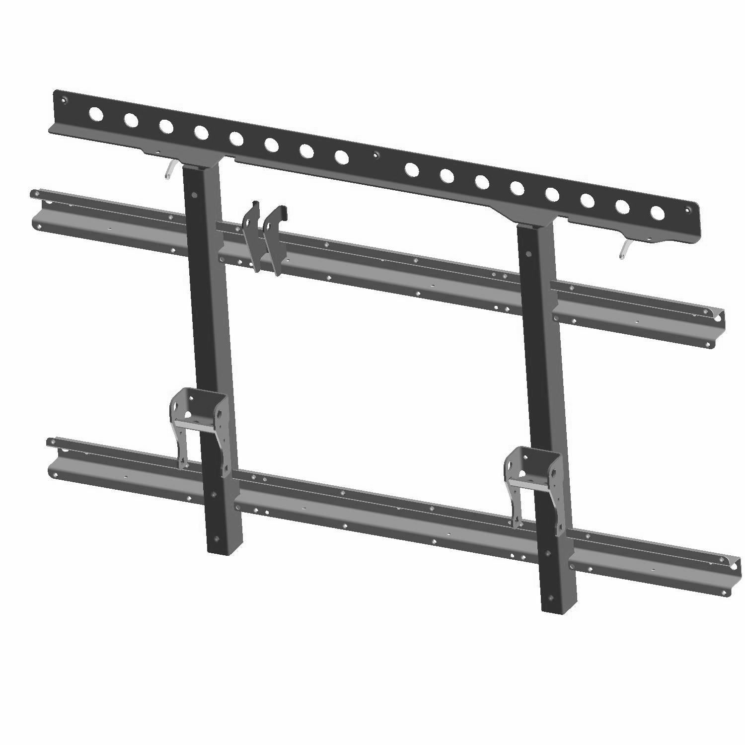 Black welded steel frame with horizontal and vertical supports, featuring multiple round mounting holes.