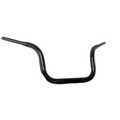 Glossy black metal motorcycle handlebars with a curved ape hanger design and tapered ends.
