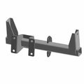 Black welded steel engine mount bracket with multiple bolt holes and triangular support arms.