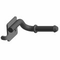 Black metal exhaust hanger frame with a curved arm and mounting plate for Polaris UTV.