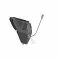 Matte black angular motorcycle left speaker housing with attached wiring harness and connector.