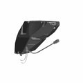 Black right speaker housing with angular design and attached wiring harness for motorcycle use.