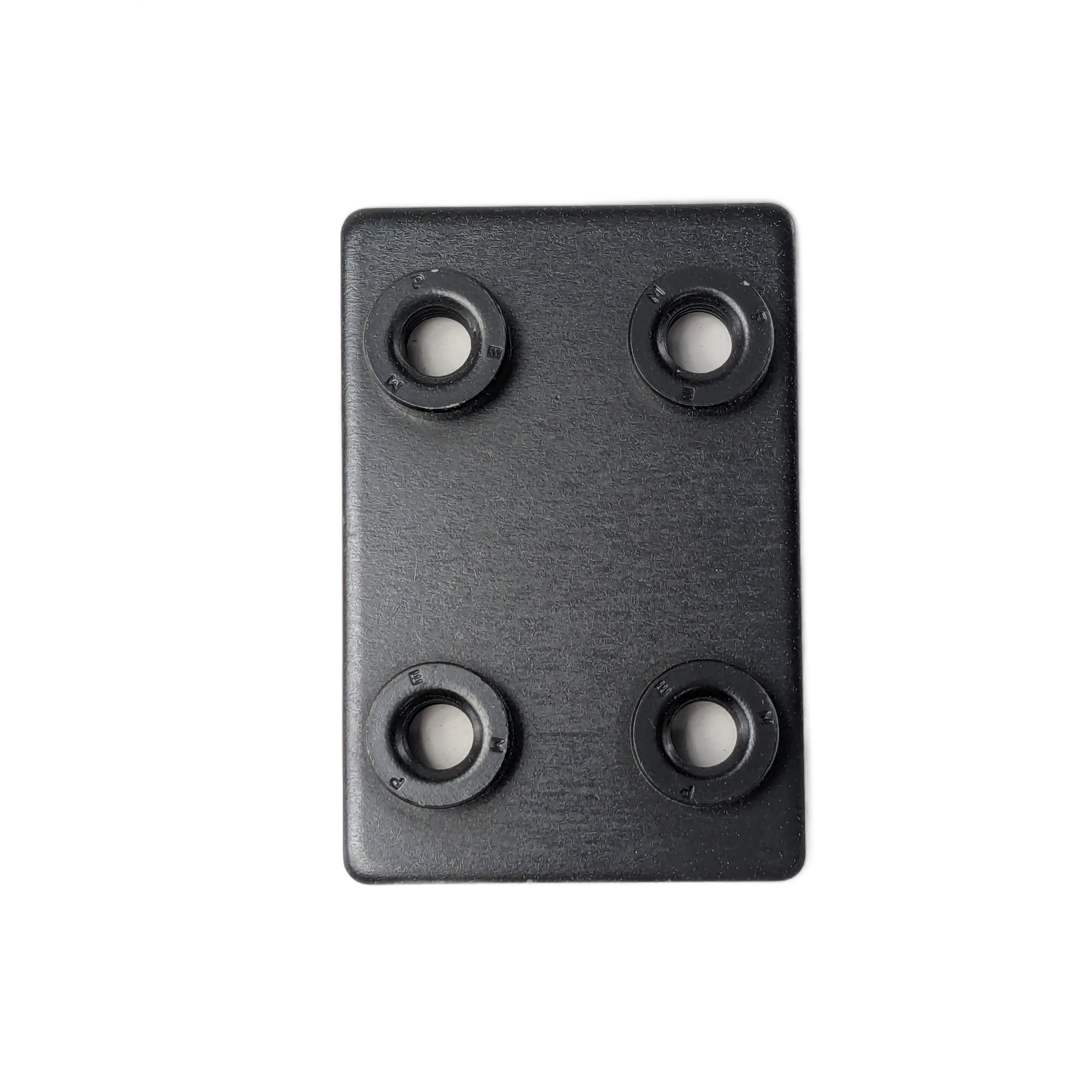 Black rectangular metal trunk hinge backup plate with four circular mounting holes.
