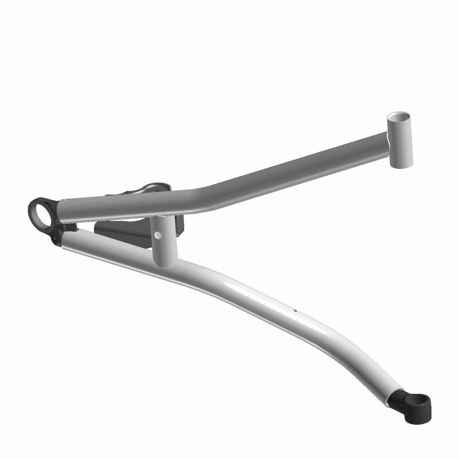 Silver metal front A-arm with tubular structure and mounting points for Polaris UTV suspension system.