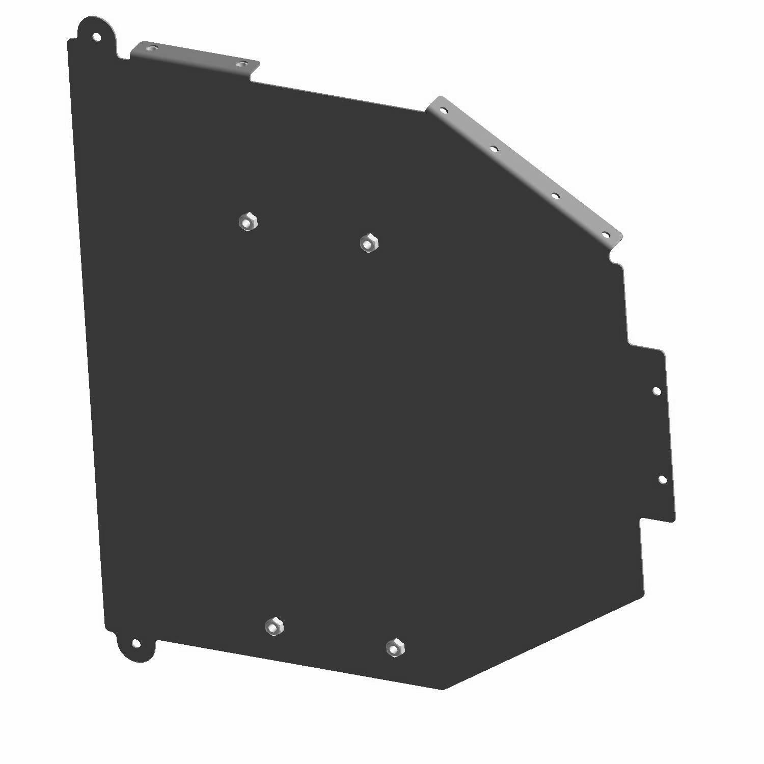 Black metal battery tray with angled edges and mounting holes for Polaris UTVs.