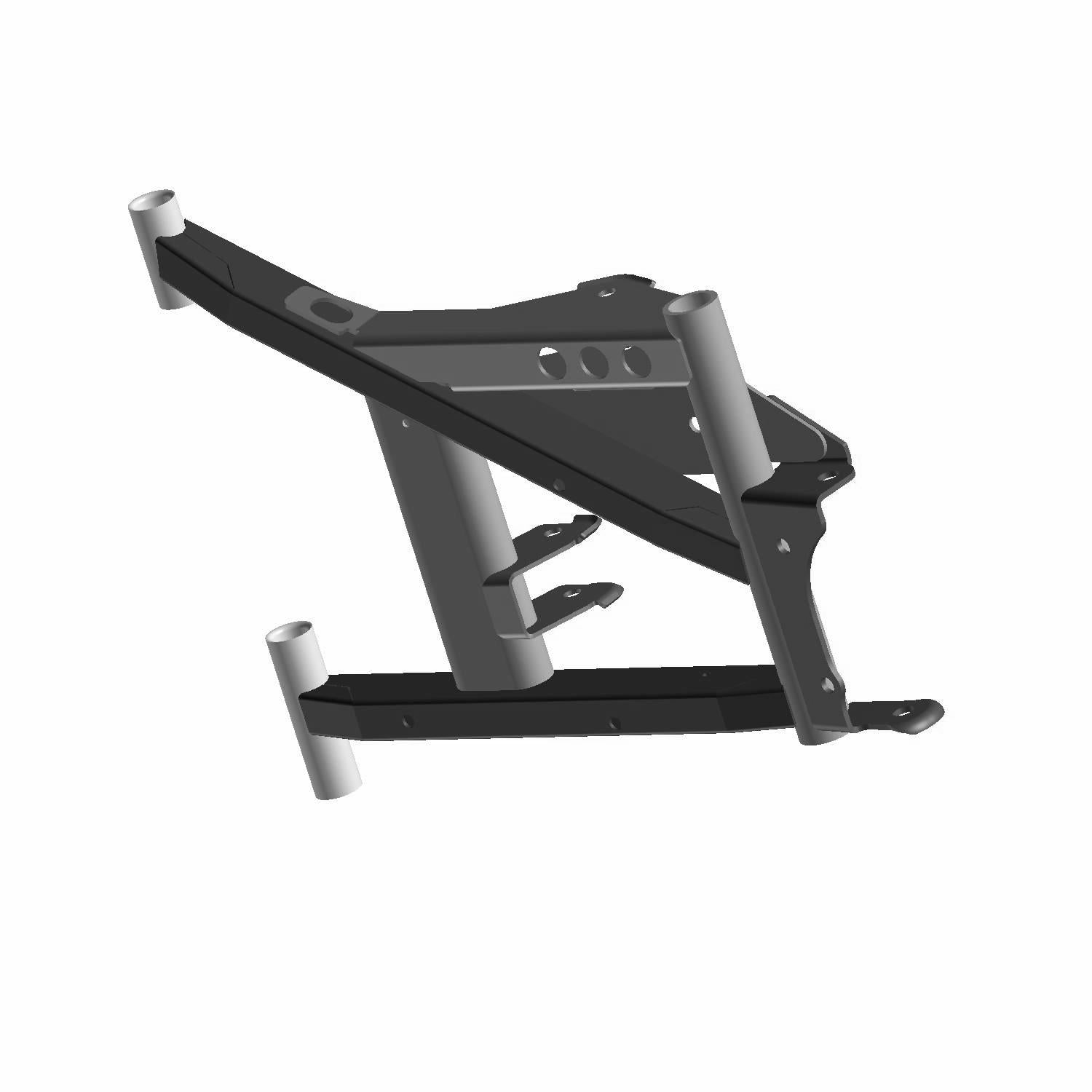 Black metal rear lower A-arm with tubular construction and mounting points for Polaris offroad vehicle.