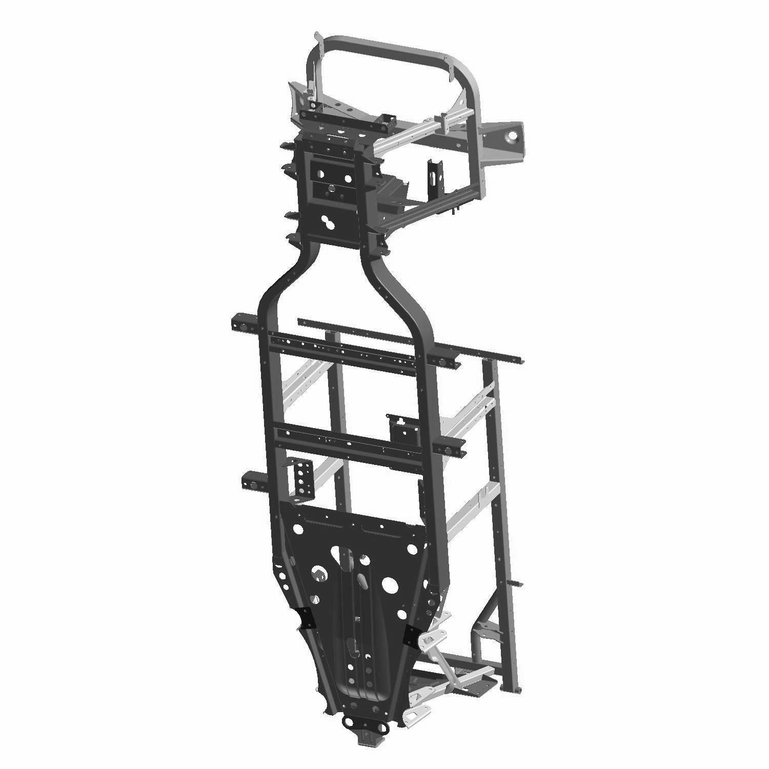 Matte black metal main frame weld for Polaris UTV with sturdy tubular construction and mounting points.