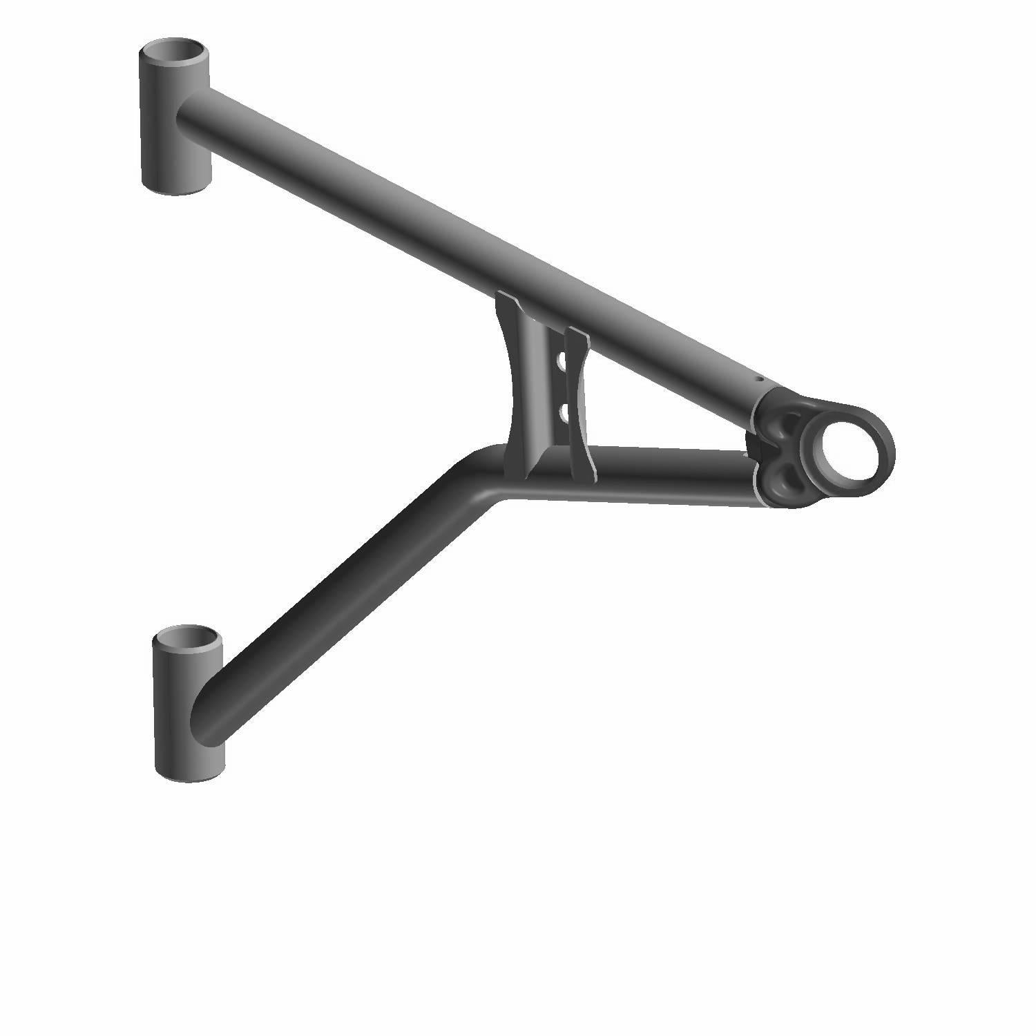 Matte black metal front lower A-arm with tubular construction and reinforced central gusset.