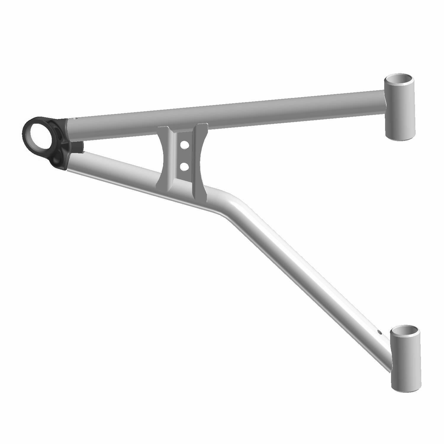 Gray metal front lower A-arm suspension component with tubular design and mounting points.