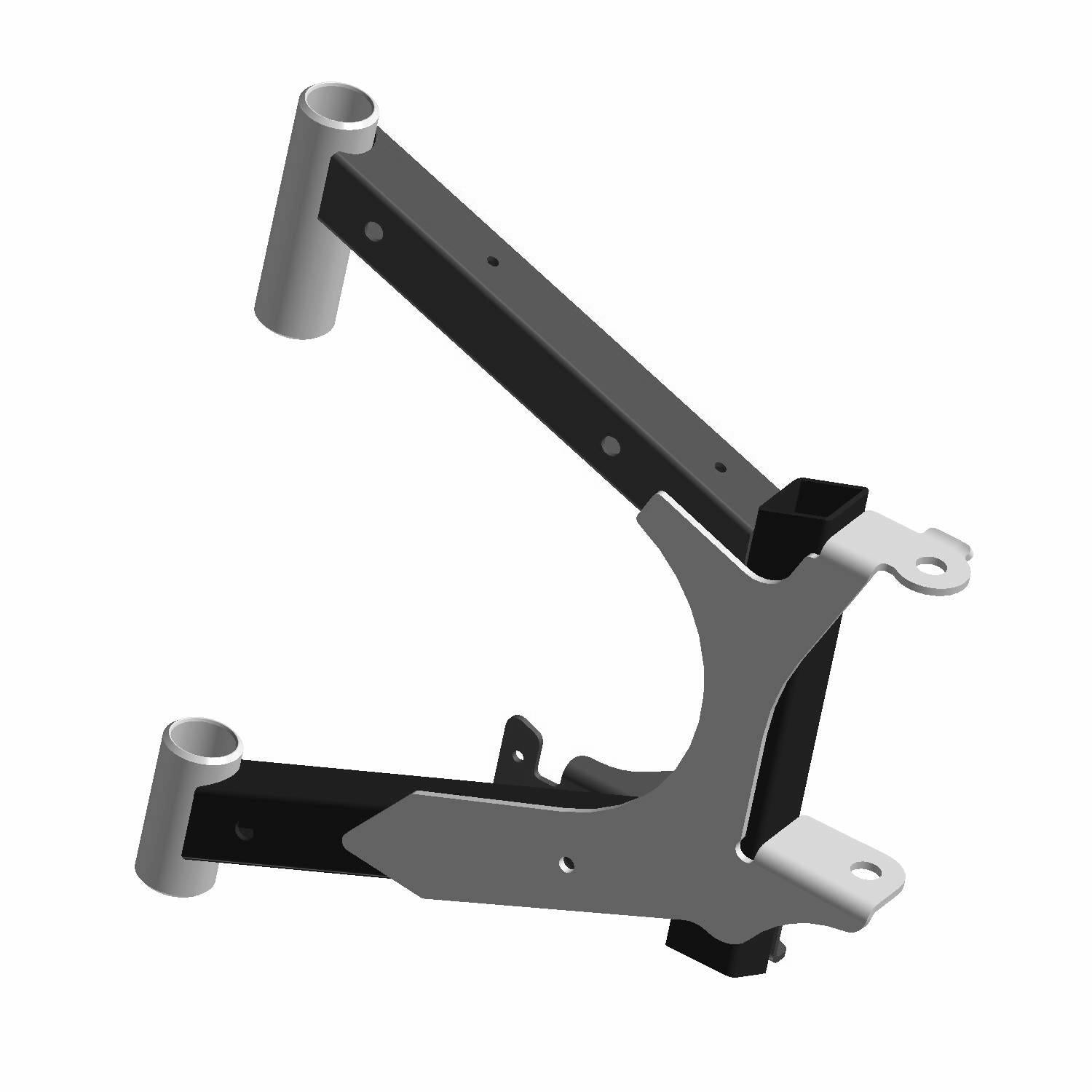 Black and gray metal rear lower left A-arm with tubular mounting points for Polaris offroad vehicles.