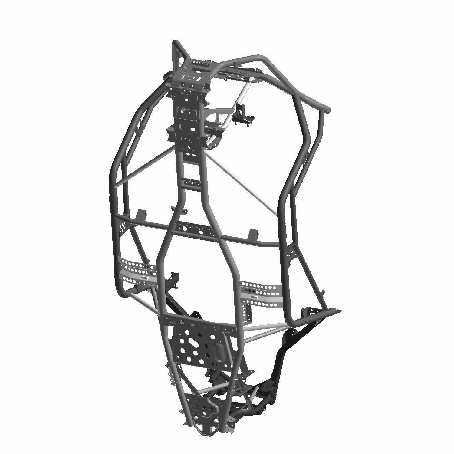 Matte black welded steel frame with angular tubing and multiple mounting points for Polaris RZR 900 series.