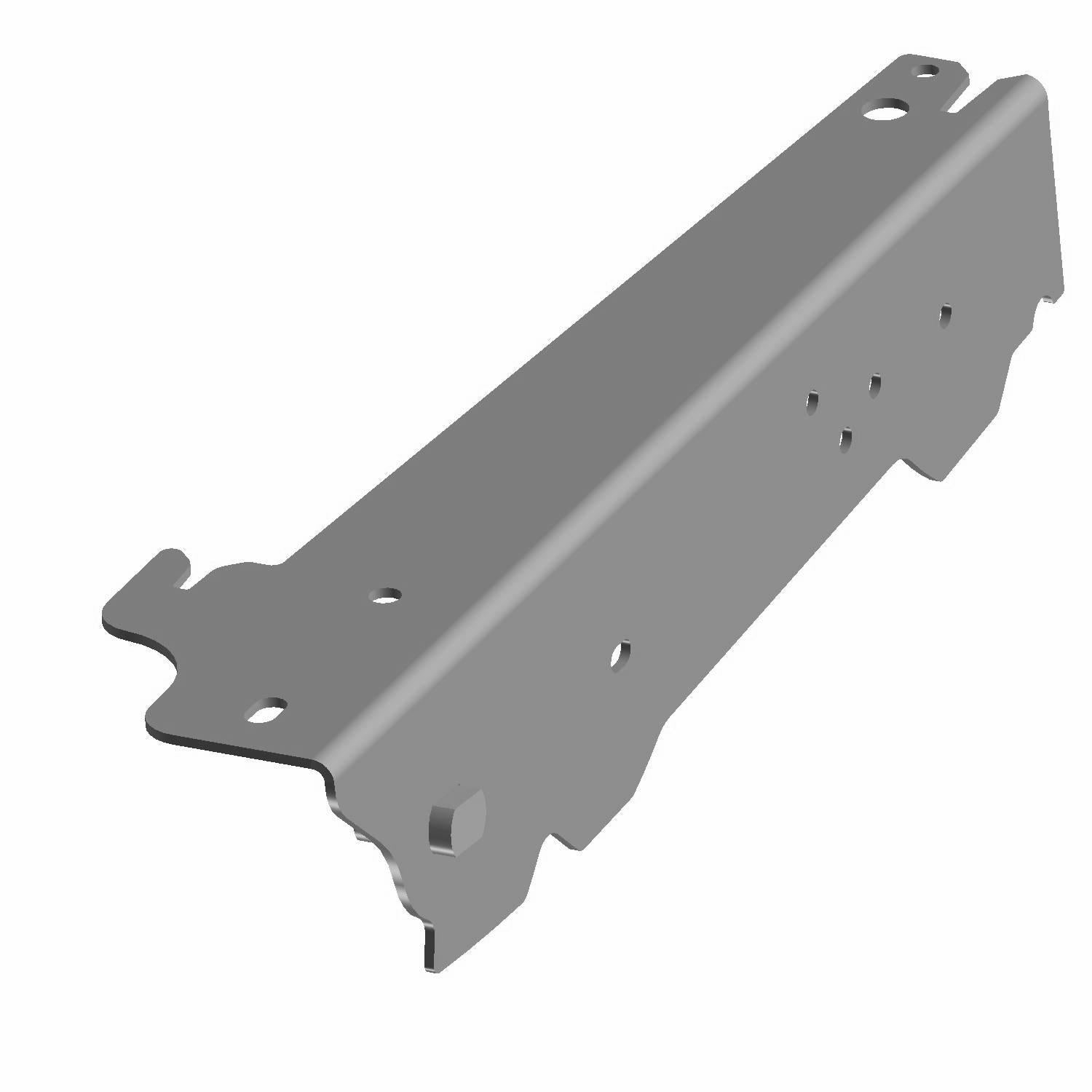 Gray metal tailgate support bracket with multiple mounting holes and angular design.
