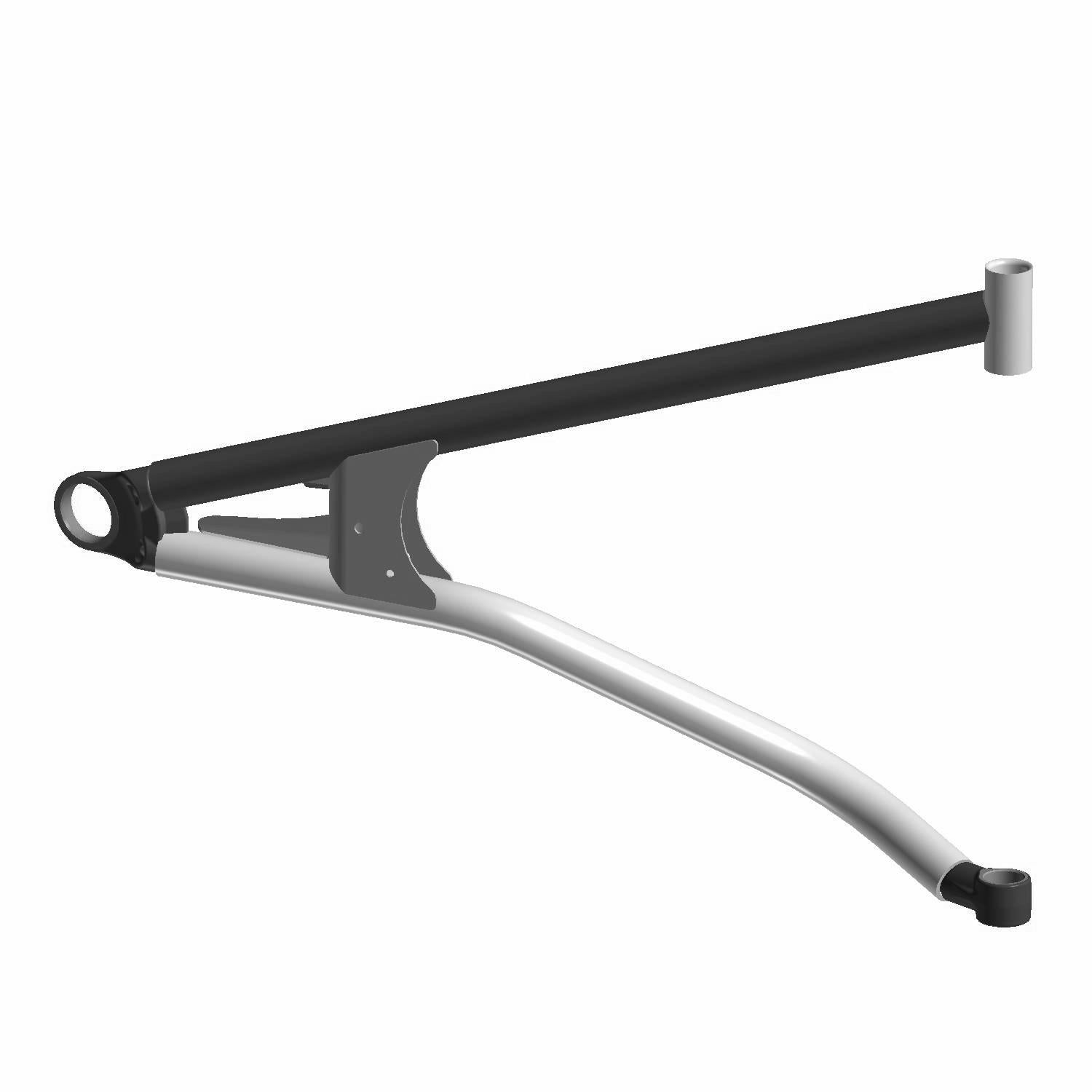 Upper right front A-arm for Polaris RZR, black and silver metal with tubular design and mounting points.