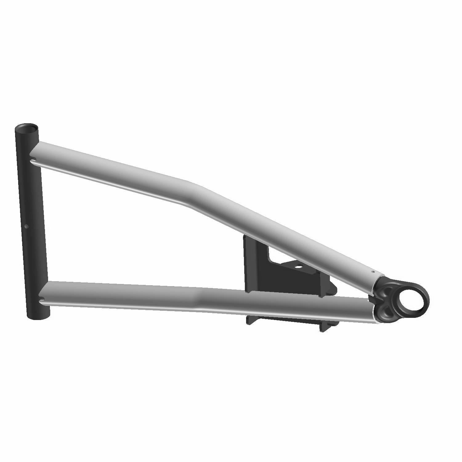 Silver and black metal front upper left A-arm suspension part with triangular frame and mounting points.