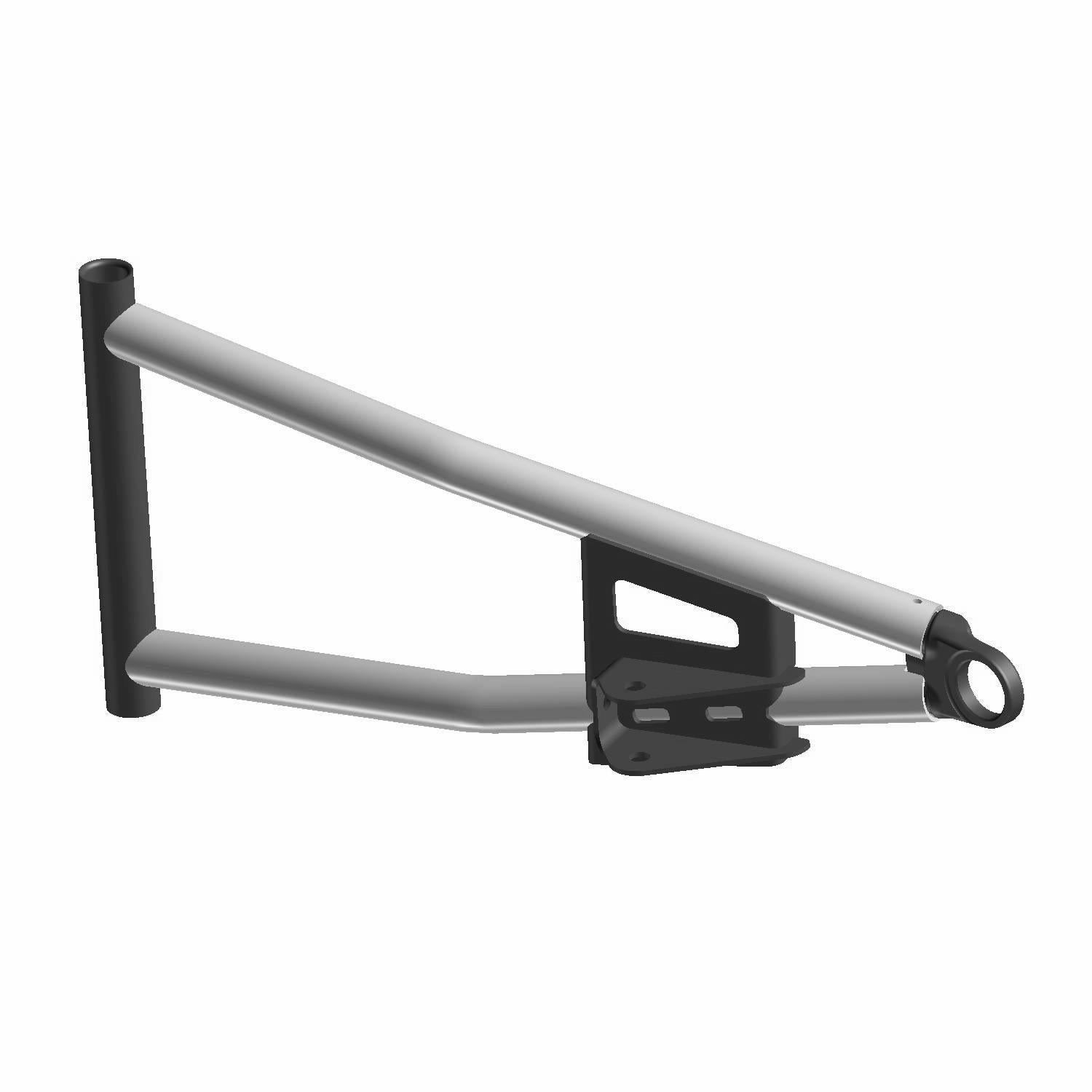 Silver and black metal front upper right A-arm suspension component with mounting brackets for Polaris UTV.
