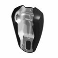 Black and silver motorcycle fuel tank with contoured sides and mounting details.