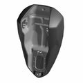 Black matte fuel tank for motorcycle with contoured shape and mounting points visible inside.