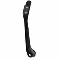 Gloss black metal kickstand assembly with curved arm and mounting bracket for motorcycle.
