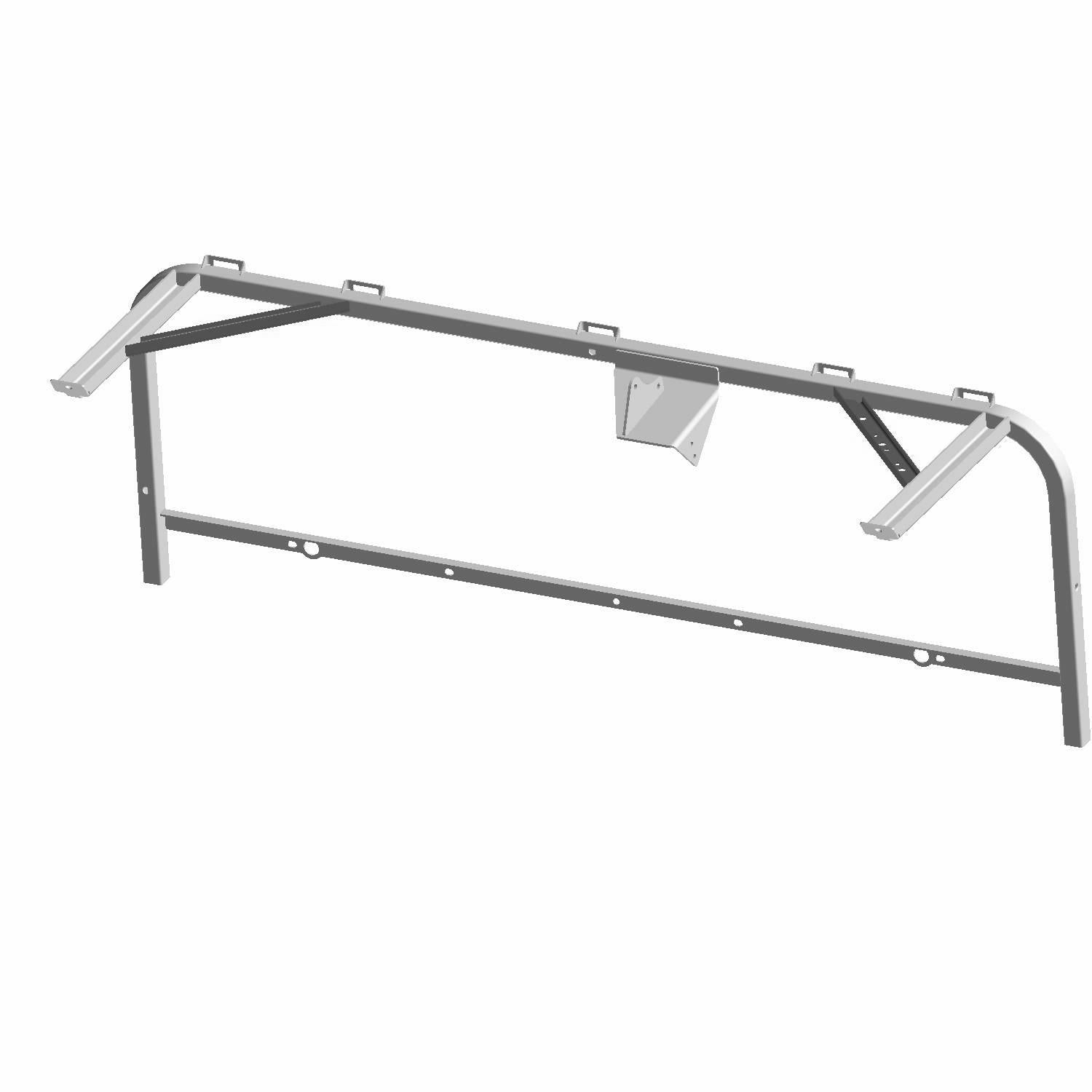 Gray metal cab and seat base frame with angled support brackets and mounting points designed for Polaris UTV models.