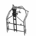 Matte gray metal front main frame weld with reinforced black bracket for Polaris offroad vehicle.