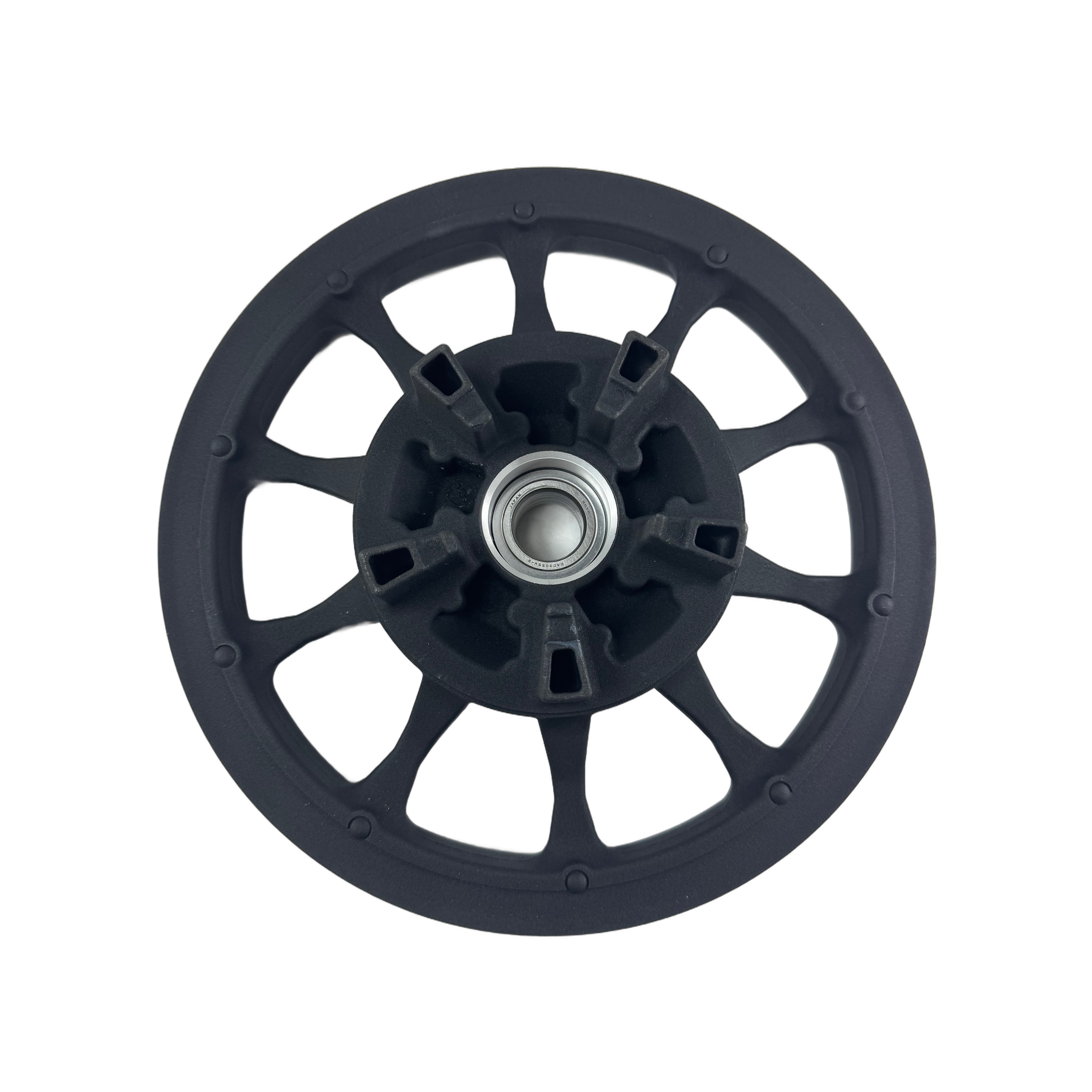 A black, round Drive Pulley 71T W/Bearing [Incl. 6] by Polaris with seven spokes and a central bearing, viewed from above on a white background. Perfect as an OEM replacement or for Victory motorcycle parts.