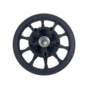 A black, round Drive Pulley 71T W/Bearing [Incl. 6] by Polaris with seven spokes and a central bearing, viewed from above on a white background. Perfect as an OEM replacement or for Victory motorcycle parts.