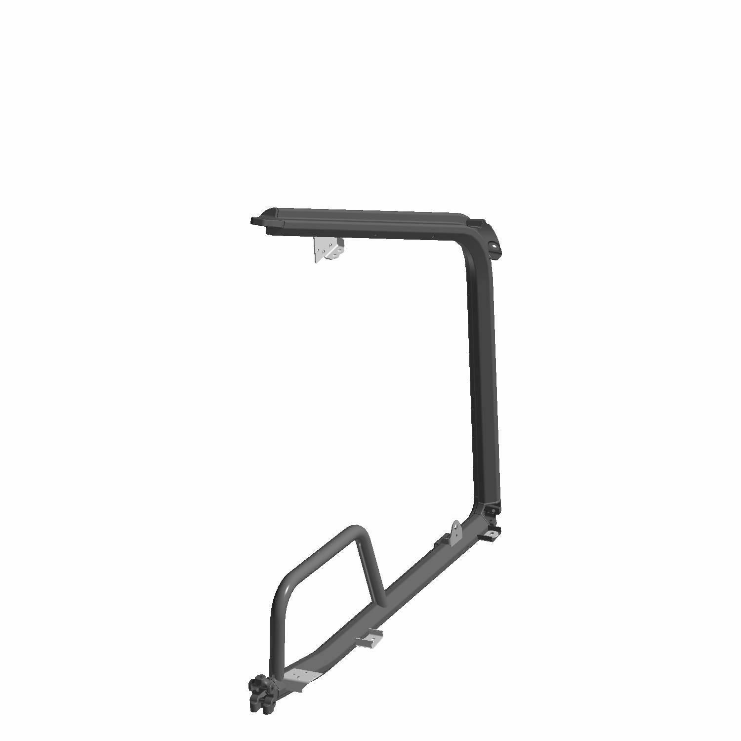 Matte black metal cab frame weld for Polaris Ranger with angular design and mounting brackets.