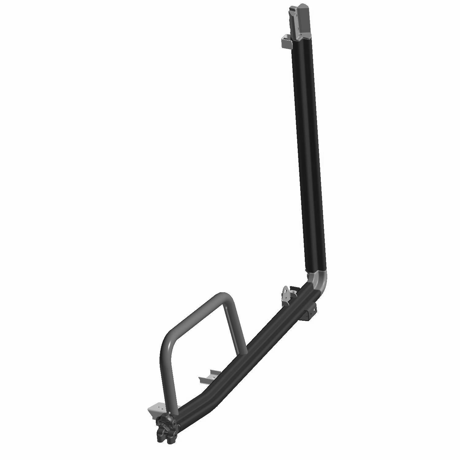 Black metal rear cab frame weld mount with angular design and mounting brackets.