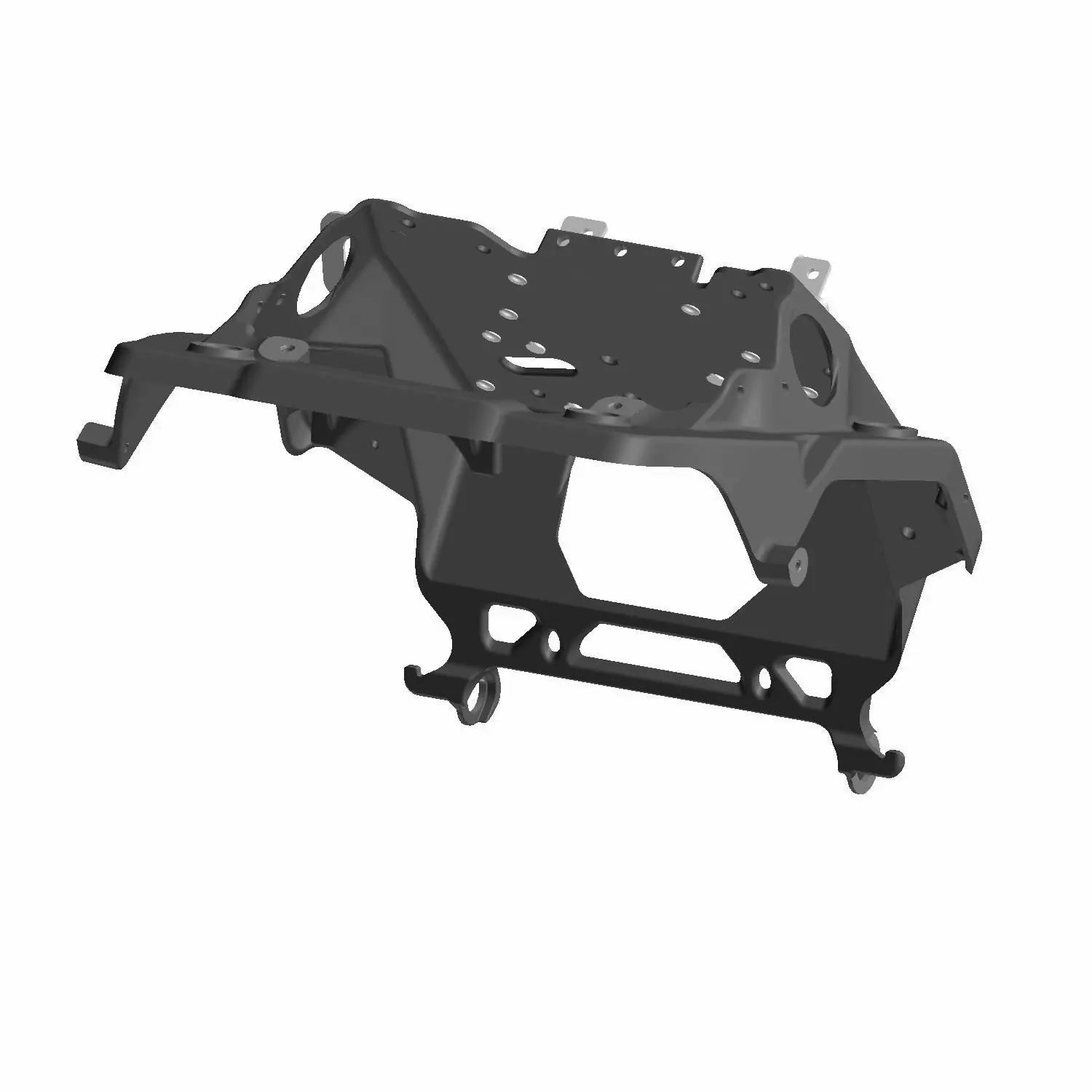 Black metal fairing support bracket with multiple mounting holes and angular design.