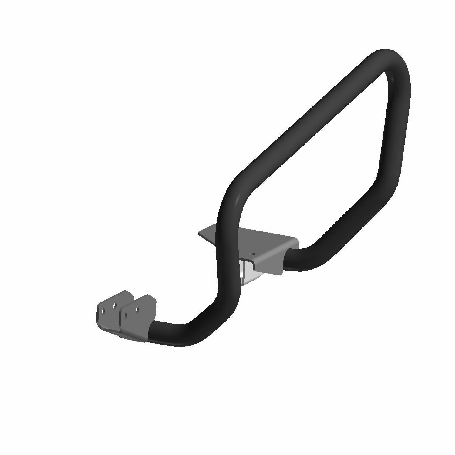 Black metal bolster bar seat with curved tubular design and mounting brackets.