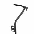 Matte black metal floor support bracket with angular design and mounting plate with three holes.