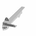 Gray metal tailgate support weld bracket with mounting holes and angled reinforcement plate.