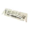 Silver metallic fuel tank badge with raised "INDIAN" text and "SCOUT" script below, polished finish.