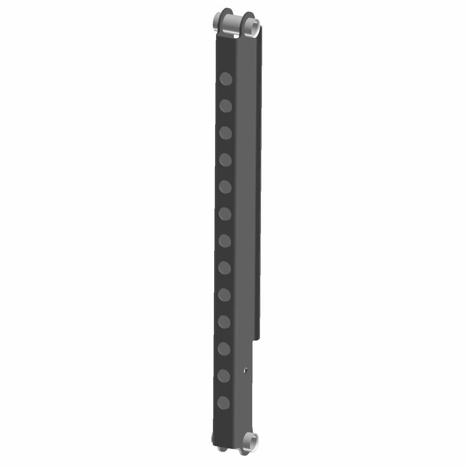 Matte black lower link weld bracket with multiple circular adjustment holes and mounting points.