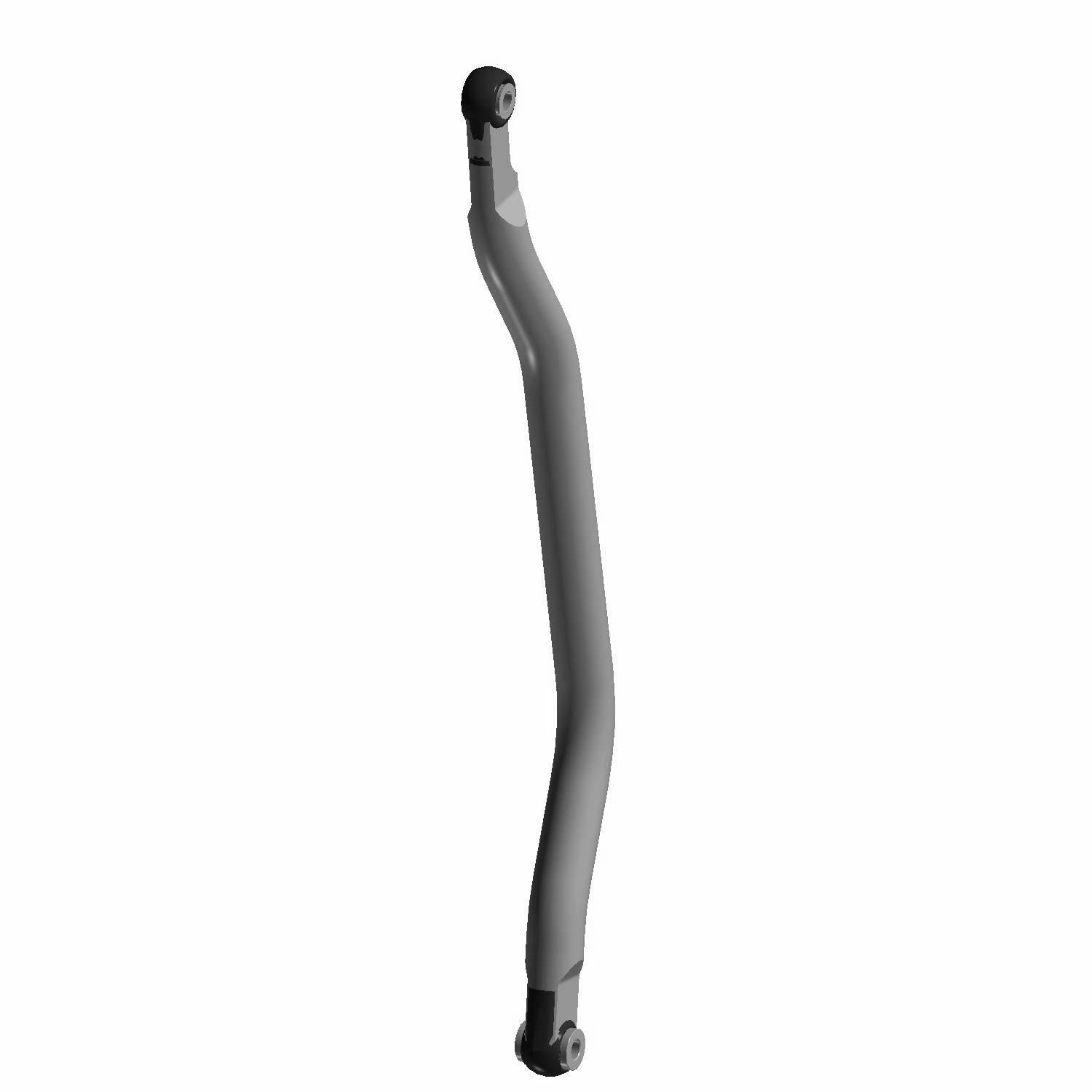 Curved silver metal radius rod with black bushings on both ends for offroad vehicle suspension.