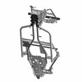 Matte black metal main frame weld for Polaris UTV with angular supports and mounting points.