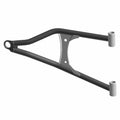 Matte black metal front lower A-arm with a triangular support bracket and cylindrical mounting points on each end.