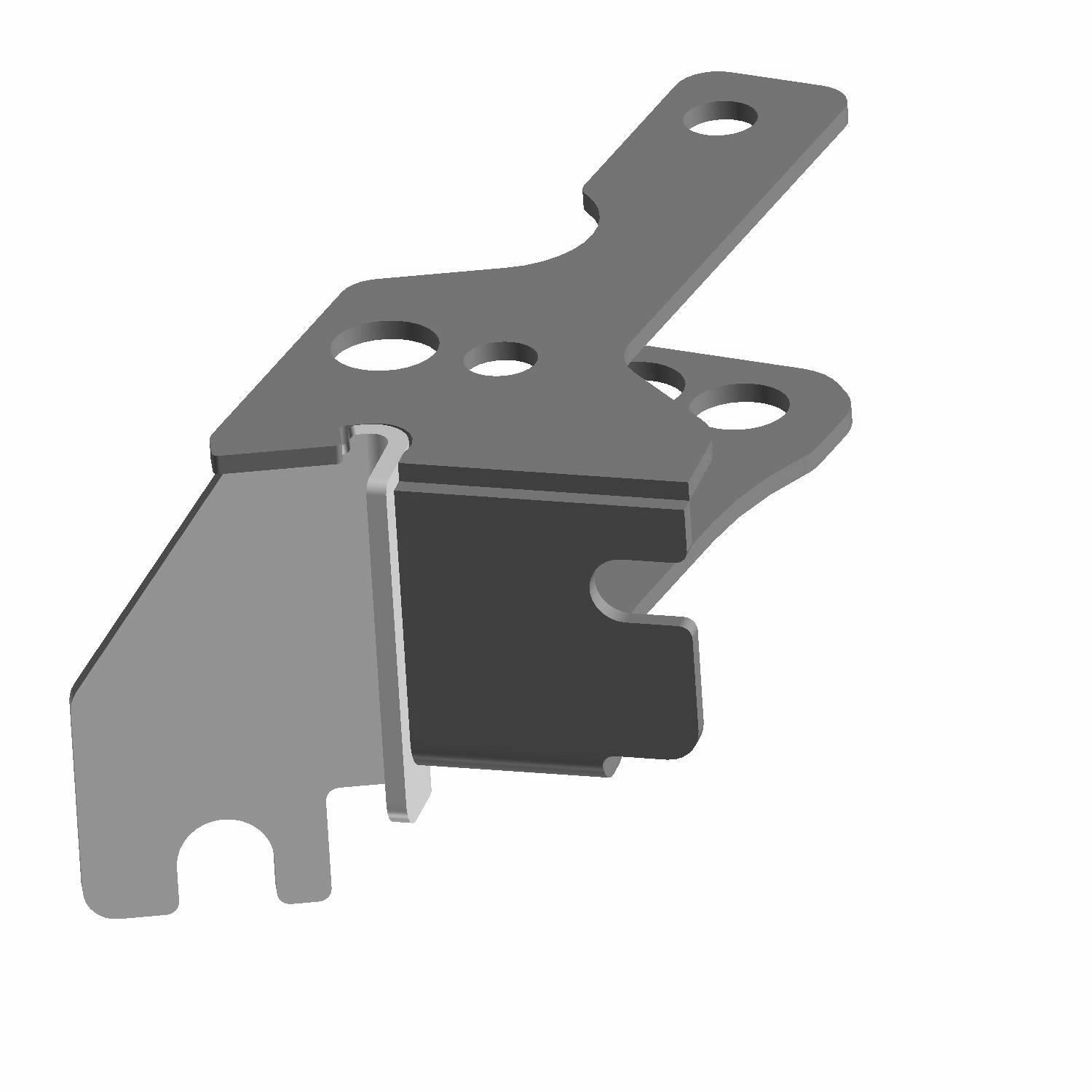 Gray metal shift cable bracket with multiple mounting holes and angled design.