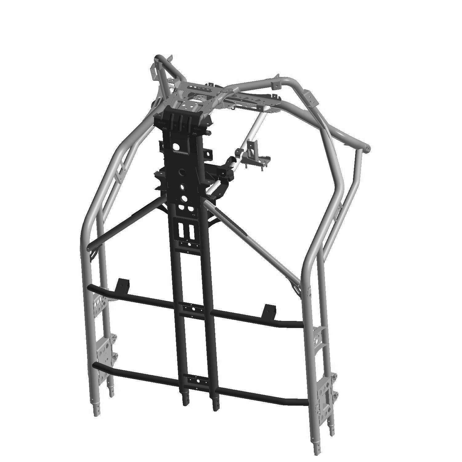 Matte silver front main frame weld for Polaris UTV with black center mounting brackets and tubular construction.