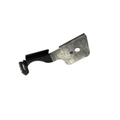 A small, irregularly shaped metal part with a curved section, flat edge, and circular hole—the Fender Closeout Bracket Right by Polaris for OEM Indian Polaris parts—shown on a white background.