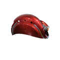Glossy metallic red motorcycle rear fender with chrome accents and mounting holes.
