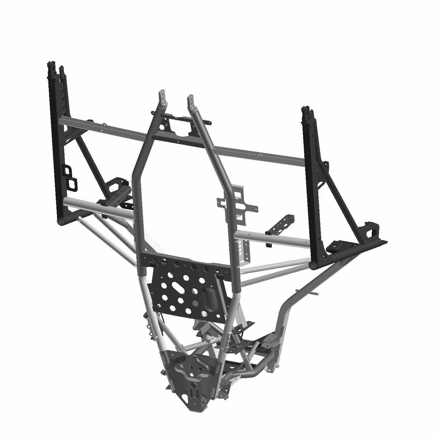 Matte black welded tubular steel main frame with mounting points and reinforcement braces for Polaris General 1000 UTV.