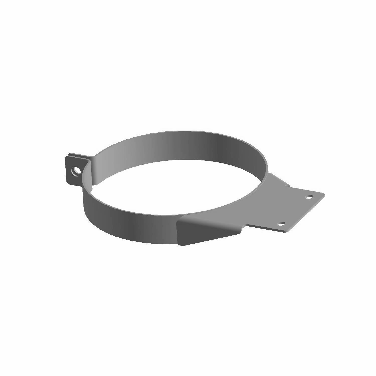 Gray metal circular clamp with a flat mounting tab and bolt hole for securing an airbox.