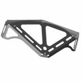 Black metal rear rack support bracket with triangular cutouts and mounting holes designed for Polaris RZR side-by-side.