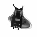 Black and gray contoured vinyl motorcycle seat with mounting hardware and cutouts.